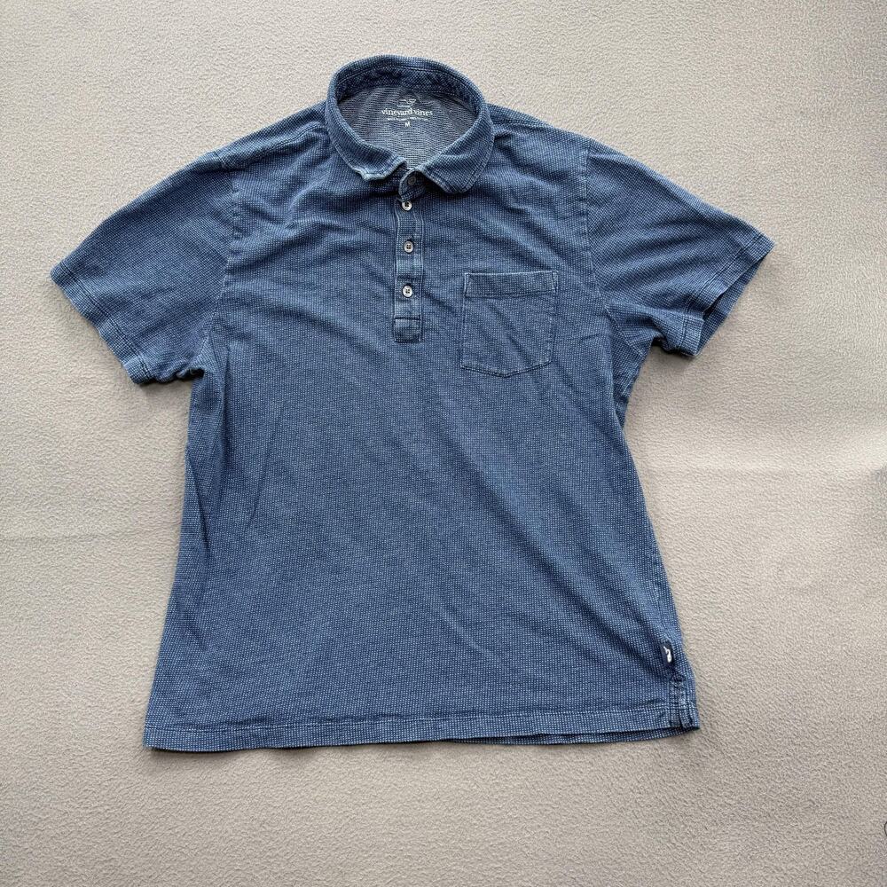 Vineyard Vines Polo Shirt Mens Medium Blue Textured Cotton Pocket Casual Golf